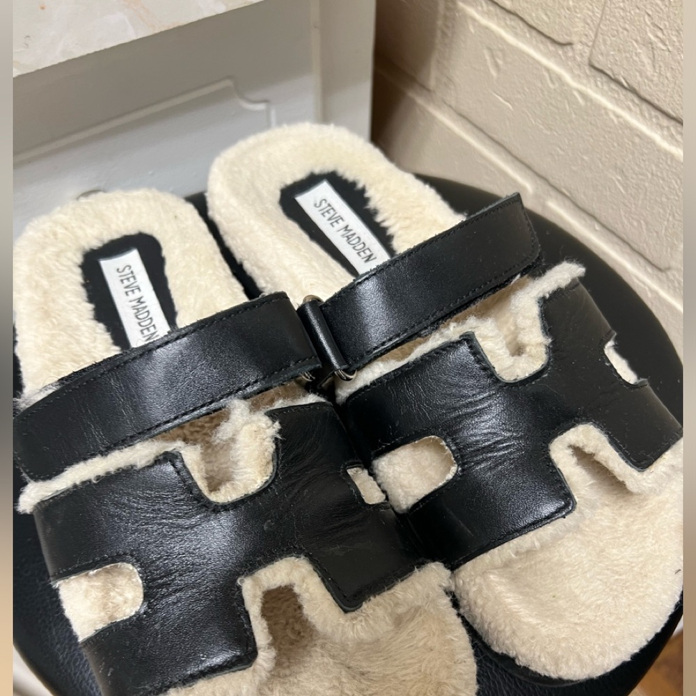 Steve Madden Black and Cream Furry Slides